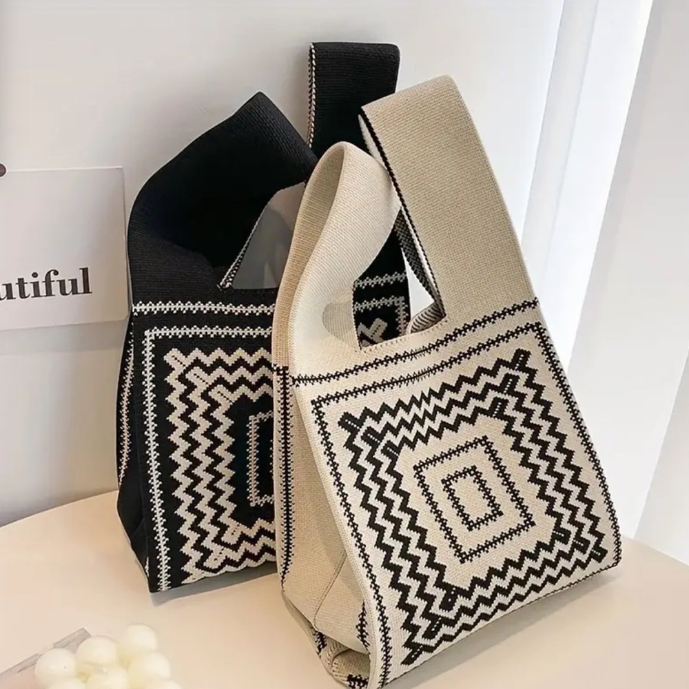 Boho Elegant Color block Knitted Tote Bag, Vintage Geometric Zigzag Pattern, - Picture 4 of 5